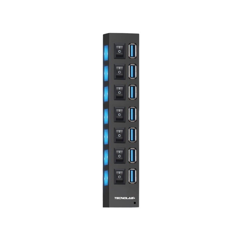 hub tecnolab usb de 7 puertos, indicador led azul, interruptor on/off, usb 3.0, compatible usb 1.1, plug & play, incluye cable plano.