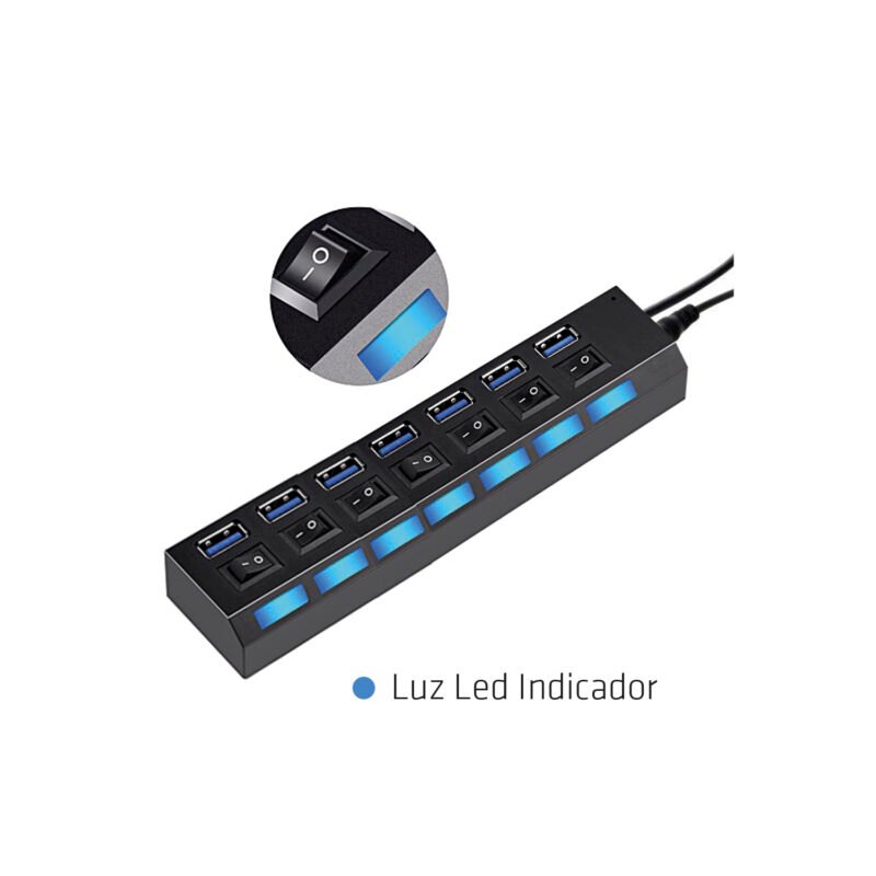 hub tecnolab usb de 7 puertos, indicador led azul, interruptor on/off, usb 3.0, compatible usb 1.1, plug & play, incluye cable plano. — vista 2