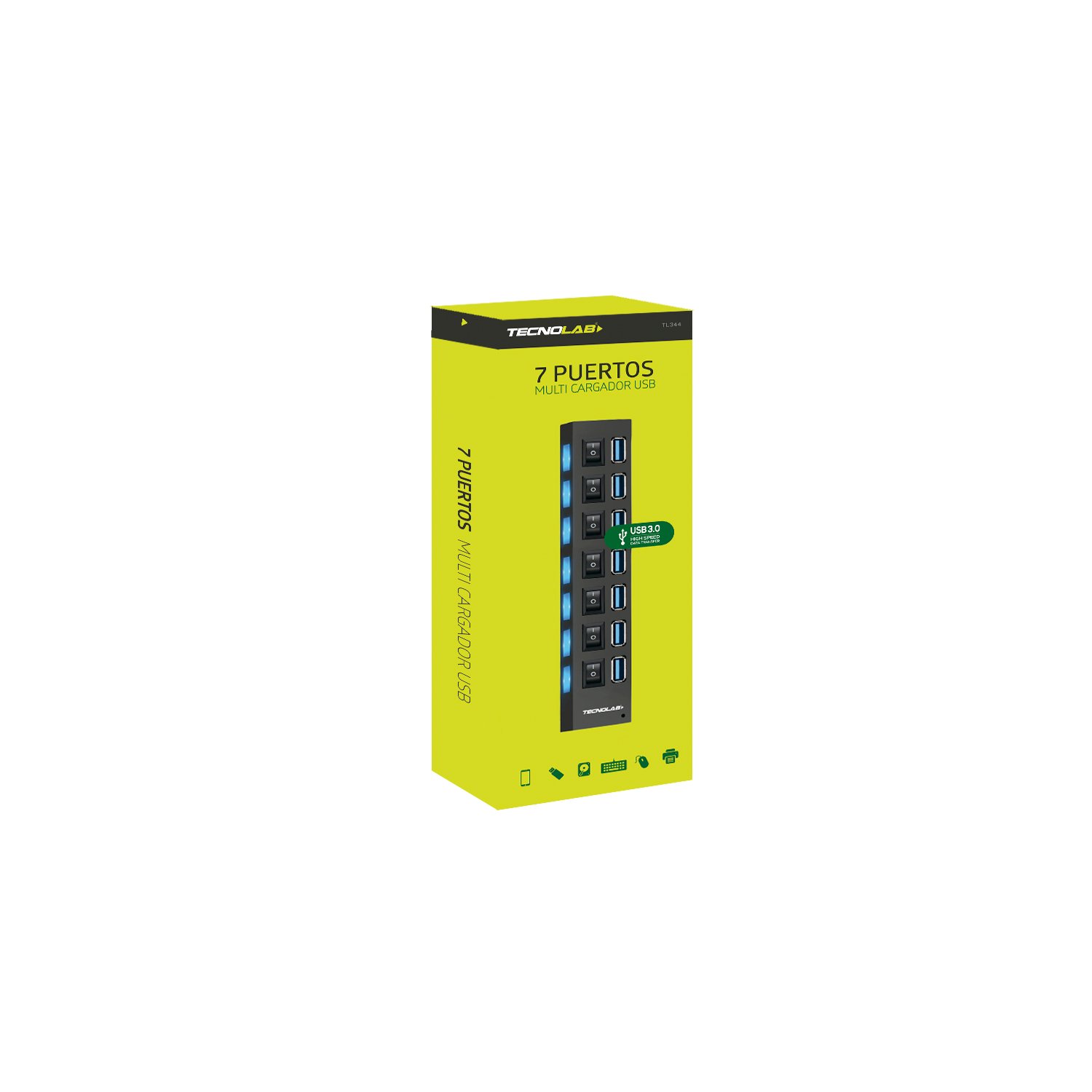 hub tecnolab usb de 7 puertos, indicador led azul, interruptor on/off, usb 3.0, compatible usb 1.1, plug & play, incluye cable plano. hub tecnolab usb de 7 puertos, indicador led azul, interruptor on/off, usb 3.0, compatible usb 1.1, plug & play, incluye cable plano.