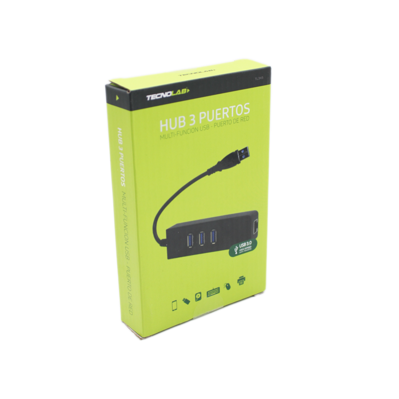hub tecnolab 3 puertos usb 3.0 / rj45, mac ethernet rapido, alimentacion via usb o externa, compatible windows y linux. — vista 2