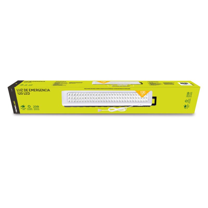 luz de emergencia tecnolab 120 leds, 480 lum 5w, bajo consumo, bateria recargable, encendido automatico.