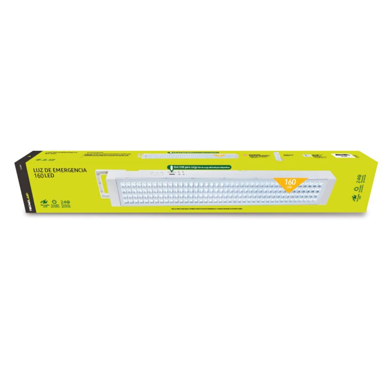 luz de emergencia tecnolab 160 leds, 640 lum 5w, bajo consumo, bateria recargable, usb para cargar dispositivos.