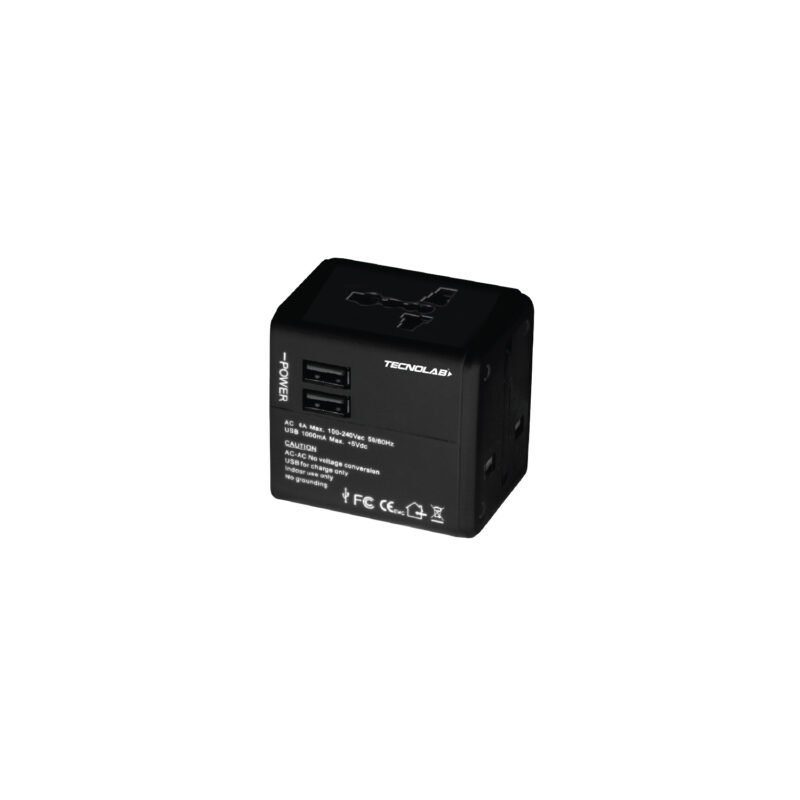 adaptador de viaje universal tecnolab 2 usb 110v o 220v color black