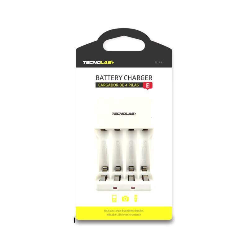 cargador pilas tecnolab de 2 o 4 pilas aa/aaa y 9v, carga baterias ni mh/ni cd, led indica proceso de carga.