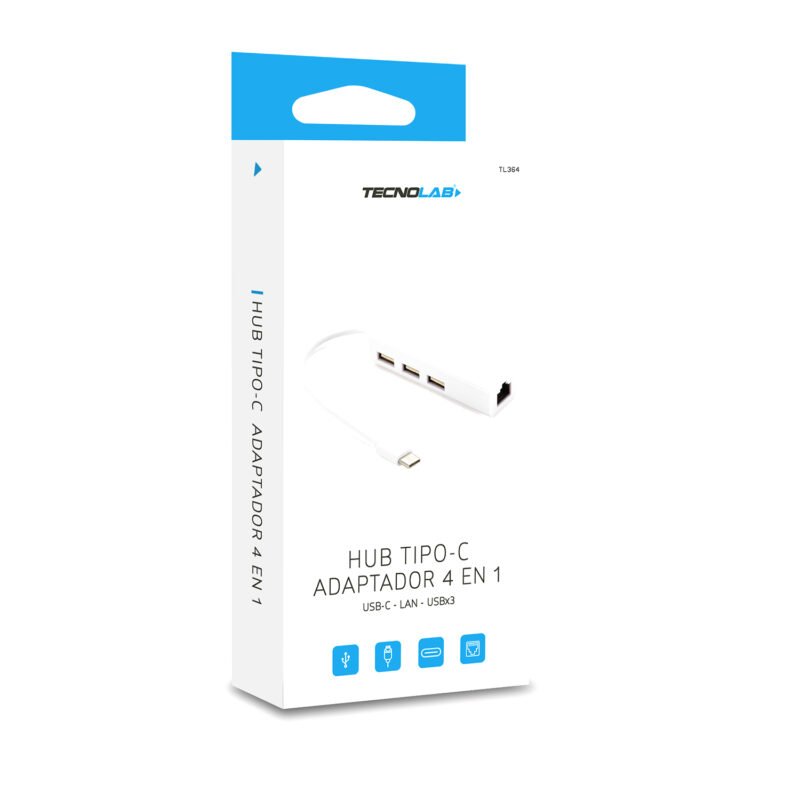 hub tecnolab tipo c 4 en 1, usb 2.0 a 480mbps, longitud del cable 12 cms. 3xusb2.0/rj45