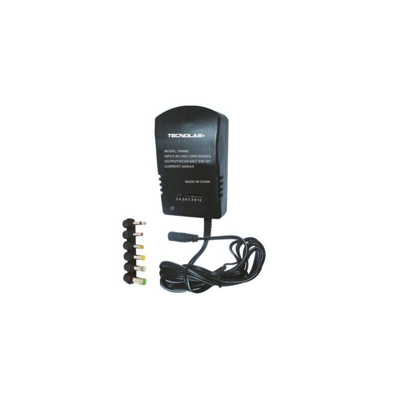 adaptador tecnolab universal, 6 plugs intercambiables, entrada: ac100v 240v 60/50hz, salida: dc3/4.5/6/7.5/9/12v — vista 2