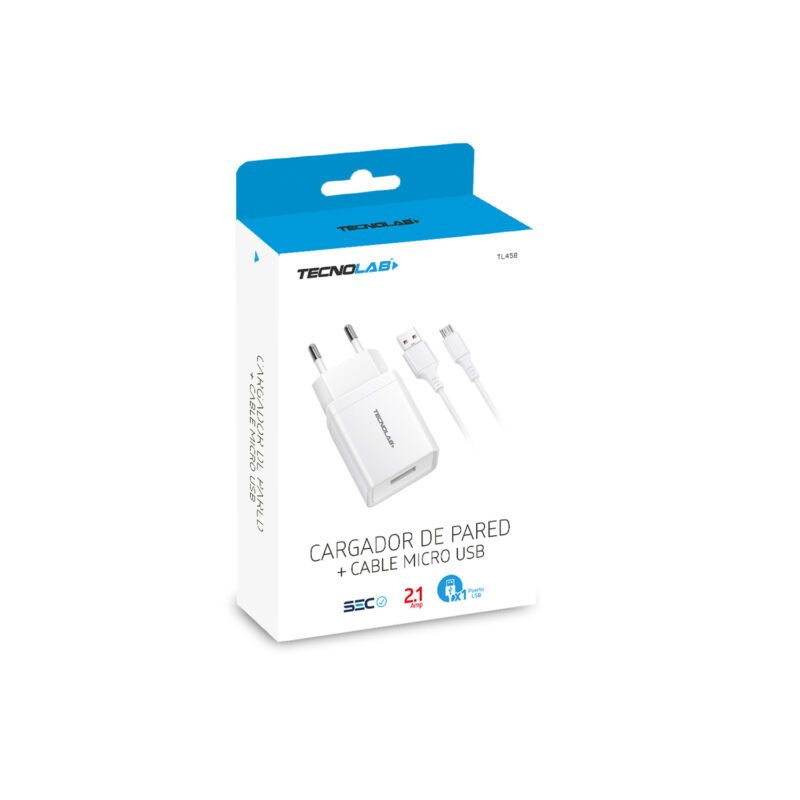 cargador de pared tecnolab micro usb usb 2.1a white — vista 2