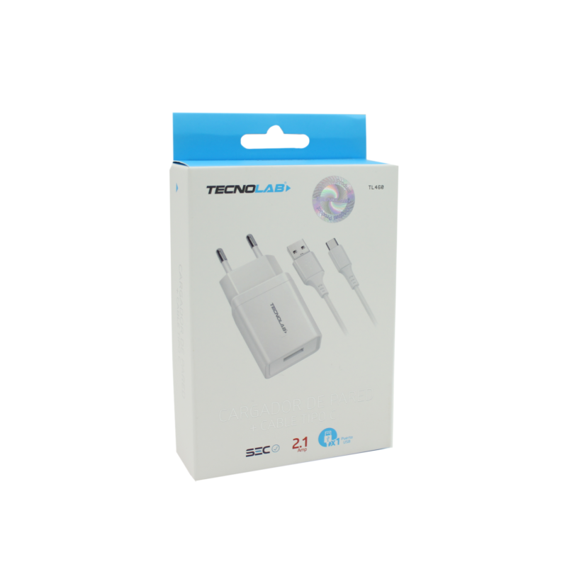 cargador de pared tecnolab micro usb usb 2.1a white — vista 3