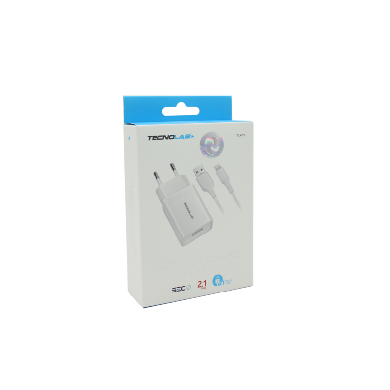 cargador tecnolab salida usb 10.5w con cable usb a lightning. certificacion sec. white — vista 3