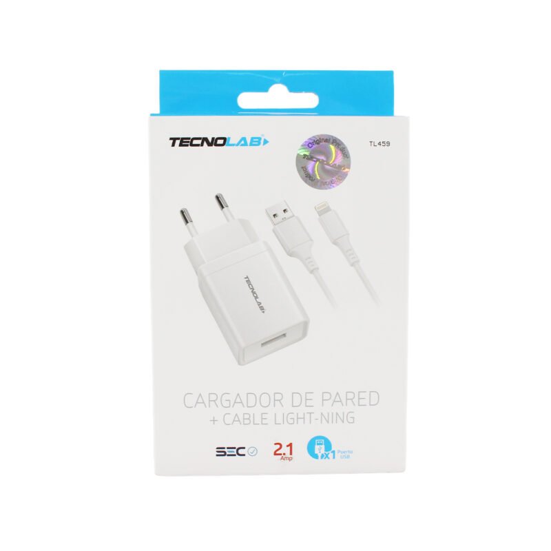 cargador tecnolab salida usb 10.5w con cable usb a lightning. certificacion sec. white — vista 4