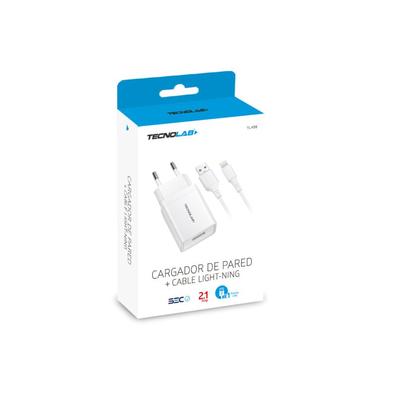 cargador tecnolab salida usb 10.5w con cable usb a lightning. certificacion sec. white