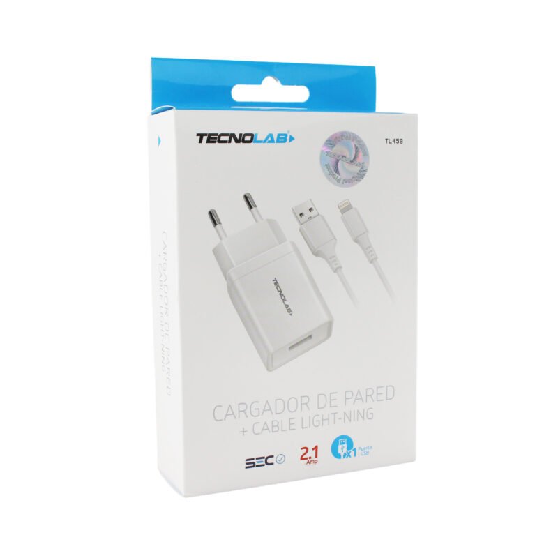 cargador tecnolab salida usb 10.5w con cable usb a lightning. certificacion sec. white — vista 5