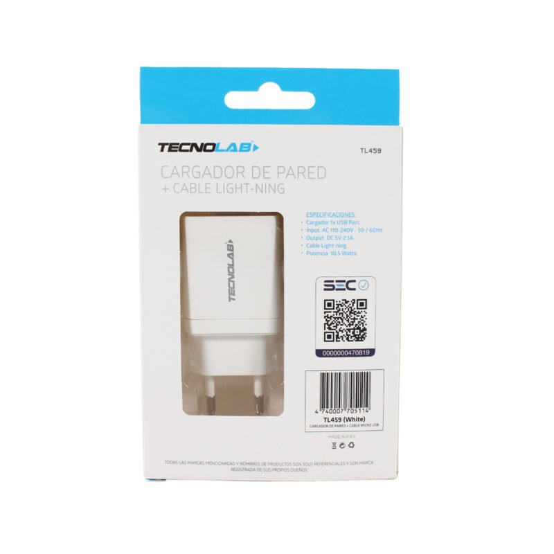cargador tecnolab salida usb 10.5w con cable usb a lightning. certificacion sec. white — vista 6