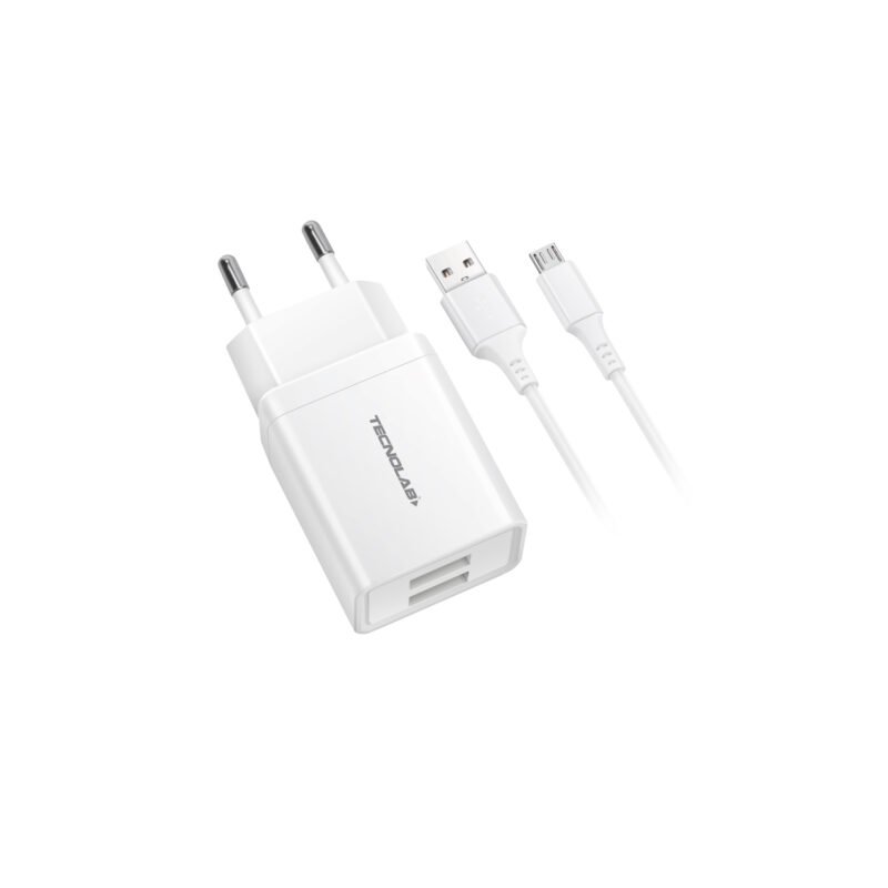 cargador de pared tecnolab micro usb doble usb 2.1a white — vista 2