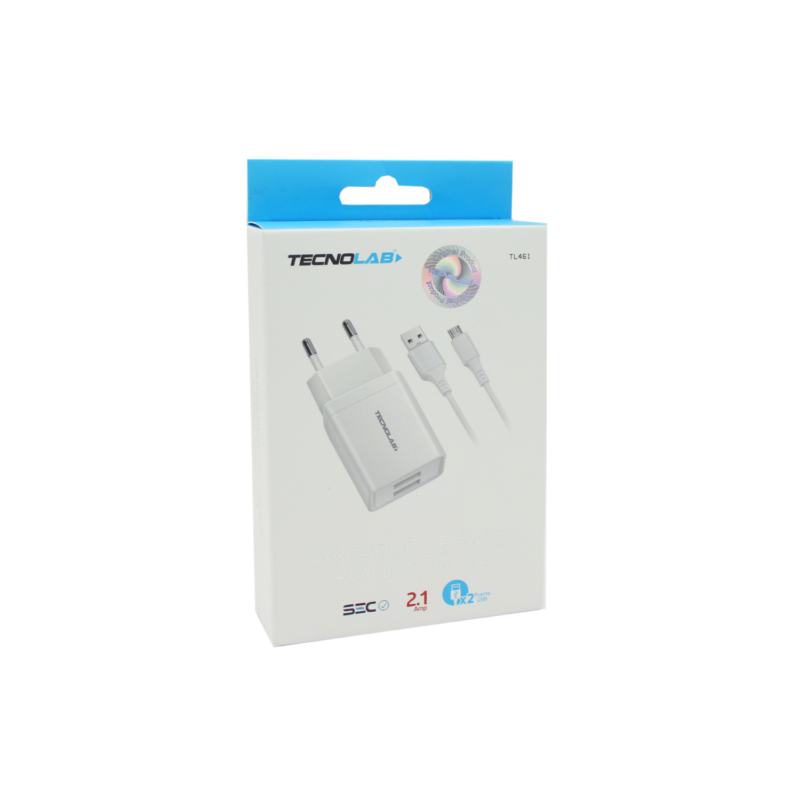 cargador de pared tecnolab micro usb doble usb 2.1a white — vista 3