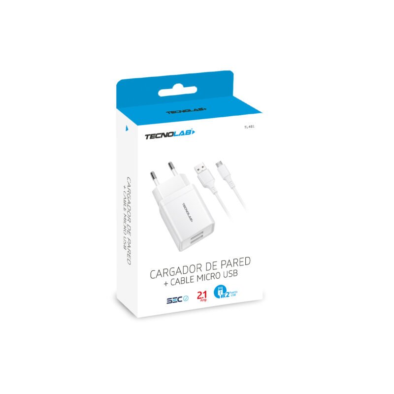 cargador de pared tecnolab micro usb doble usb 2.1a white