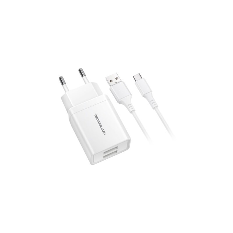 cargador de pared tecnolab tipo c doble usb 2.1a white