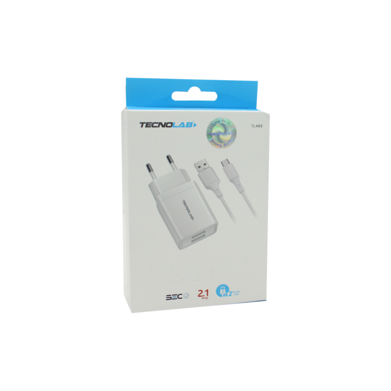 cargador de pared tecnolab tipo c doble usb 2.1a white — vista 2