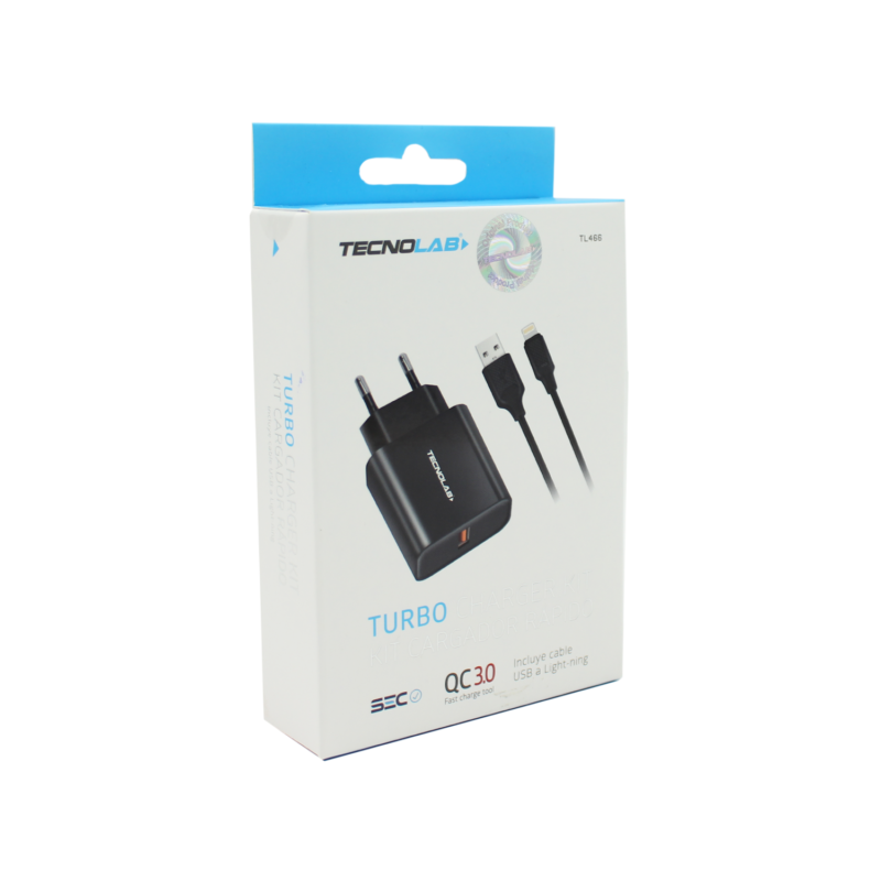 cargador tecnolab qc 3.0 salida usb 18w con cable usb a lightning. certificacion sec. black