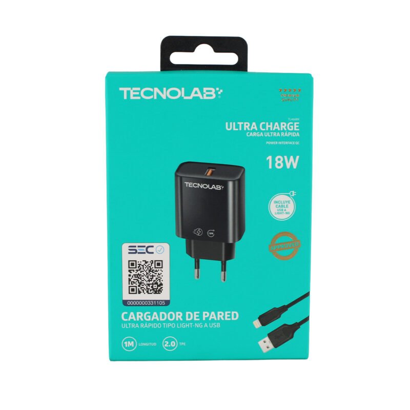 cargador tecnolab qc 3.0 salida usb 18w con cable usb a lightning. certificacion sec. black — vista 3