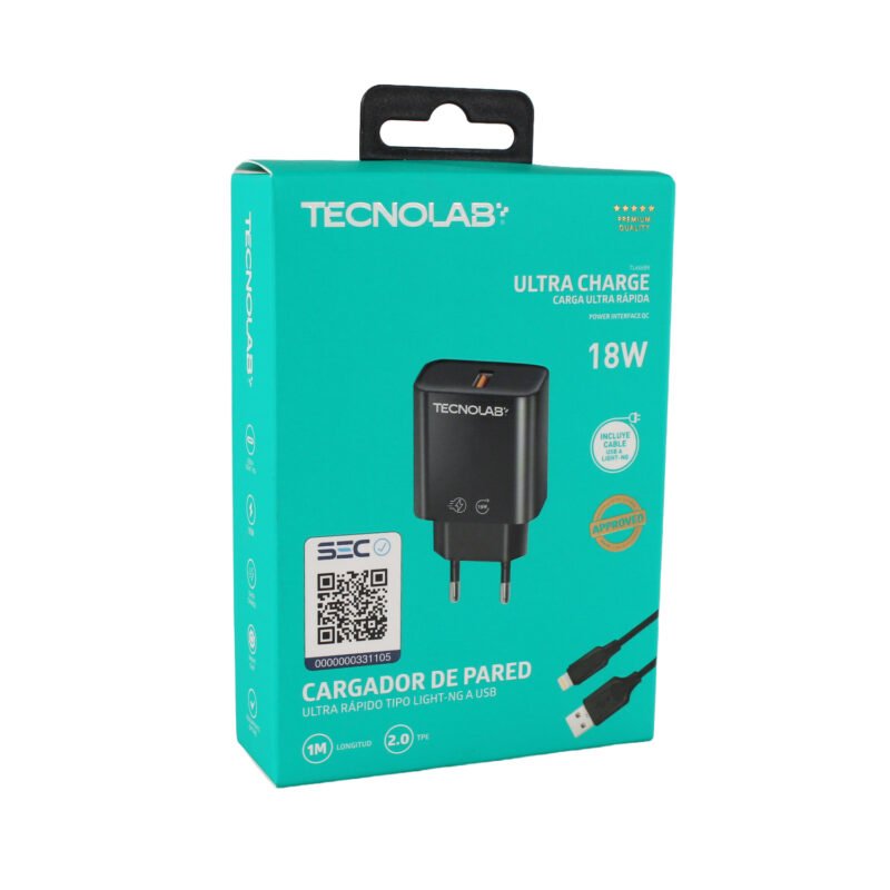 cargador tecnolab qc 3.0 salida usb 18w con cable usb a lightning. certificacion sec. black — vista 4