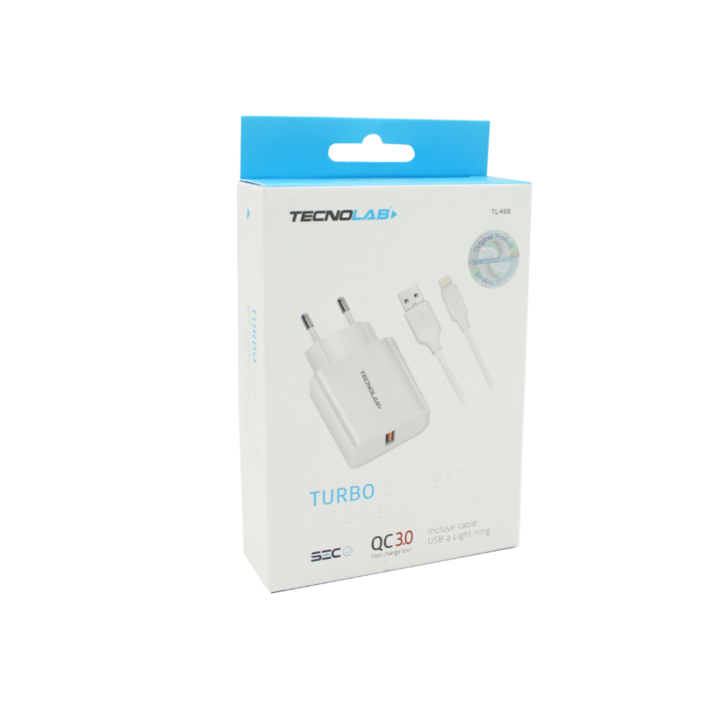 cargador tecnolab qc 3.0 salida usb 18w con cable usb a lightning, certificacion sec. white