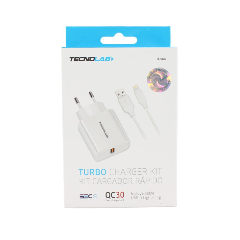 cargador tecnolab qc 3.0 salida usb 18w con cable usb a lightning, certificacion sec. white — vista 3