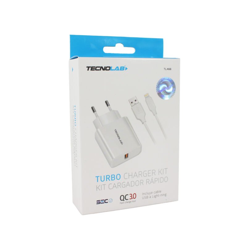 cargador tecnolab qc 3.0 salida usb 18w con cable usb a lightning, certificacion sec. white — vista 4
