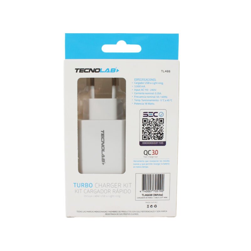 cargador tecnolab qc 3.0 salida usb 18w con cable usb a lightning, certificacion sec. white — vista 5