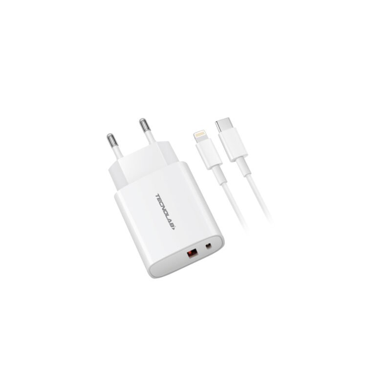 cargador tecnolab qc 3.0 + pd 20w con cable tipo c a lightning. certificacion sec. white