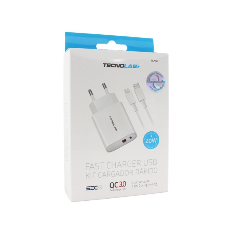 cargador tecnolab qc 3.0 + pd 20w con cable tipo c a lightning. certificacion sec. white — vista 3