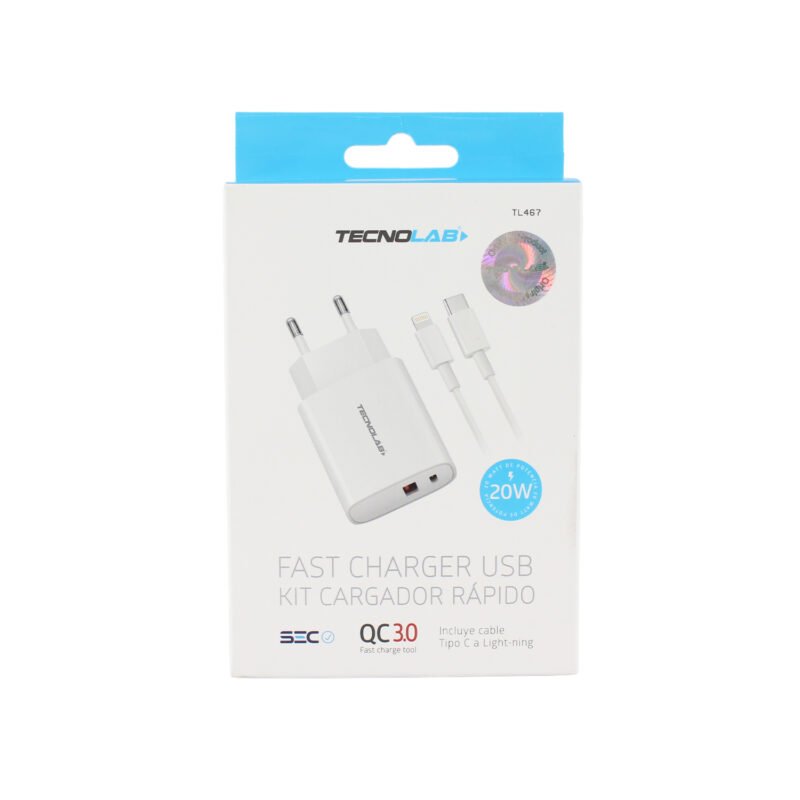 cargador tecnolab qc 3.0 + pd 20w con cable tipo c a lightning. certificacion sec. white — vista 5