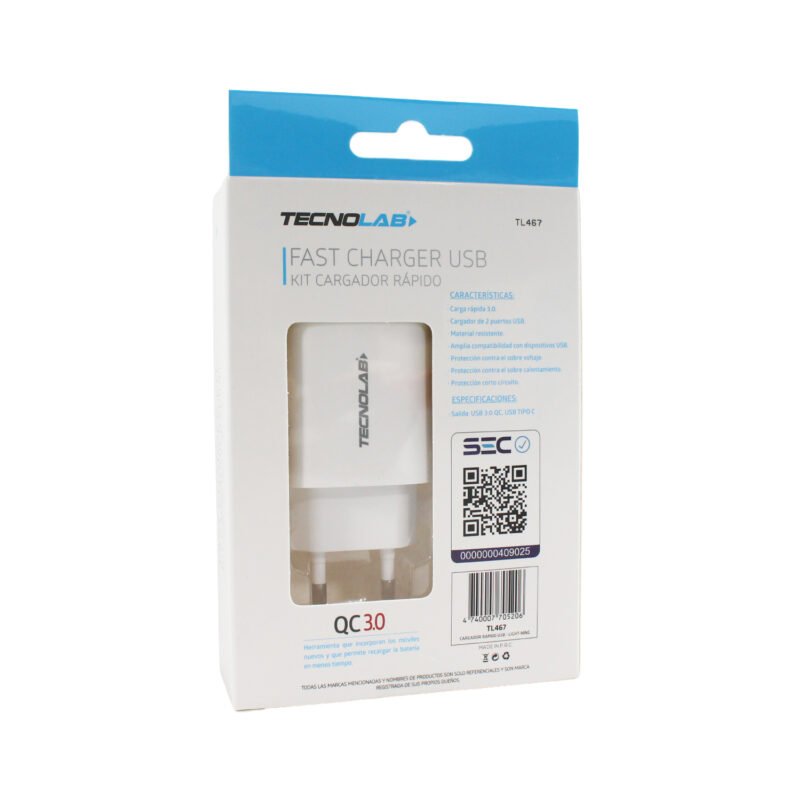 cargador tecnolab qc 3.0 + pd 20w con cable tipo c a lightning. certificacion sec. white — vista 4