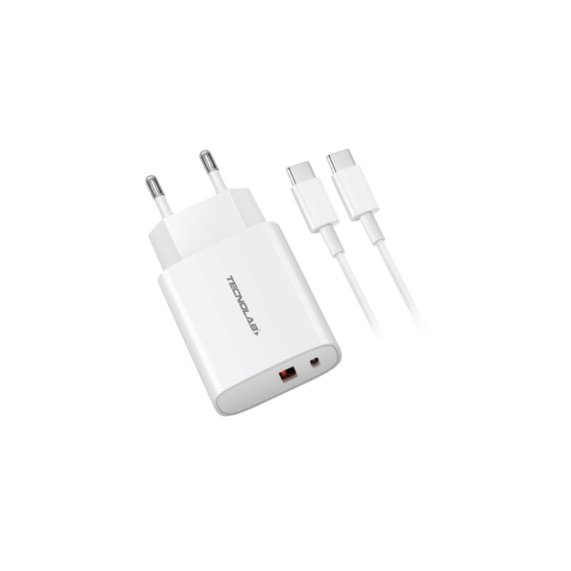 cargador tecnolab qc 3.0 + pd 20w con cable tipo c a c. certificacion sec. white
