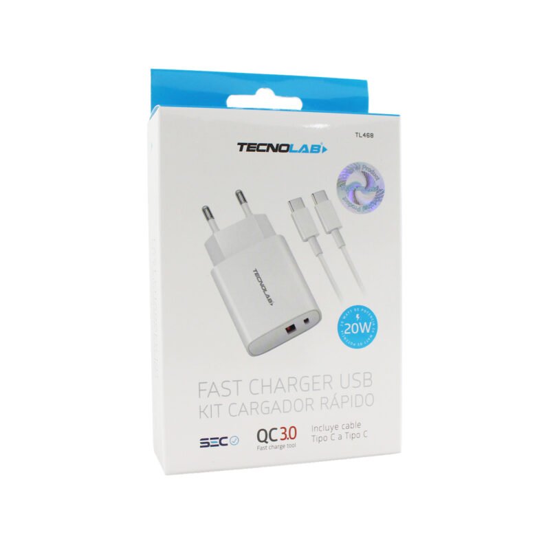 cargador tecnolab qc 3.0 + pd 20w con cable tipo c a c. certificacion sec. white — vista 3