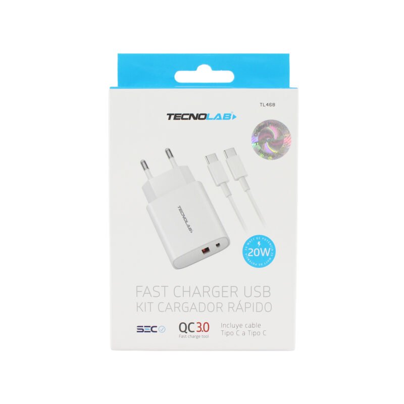 cargador tecnolab qc 3.0 + pd 20w con cable tipo c a c. certificacion sec. white — vista 5