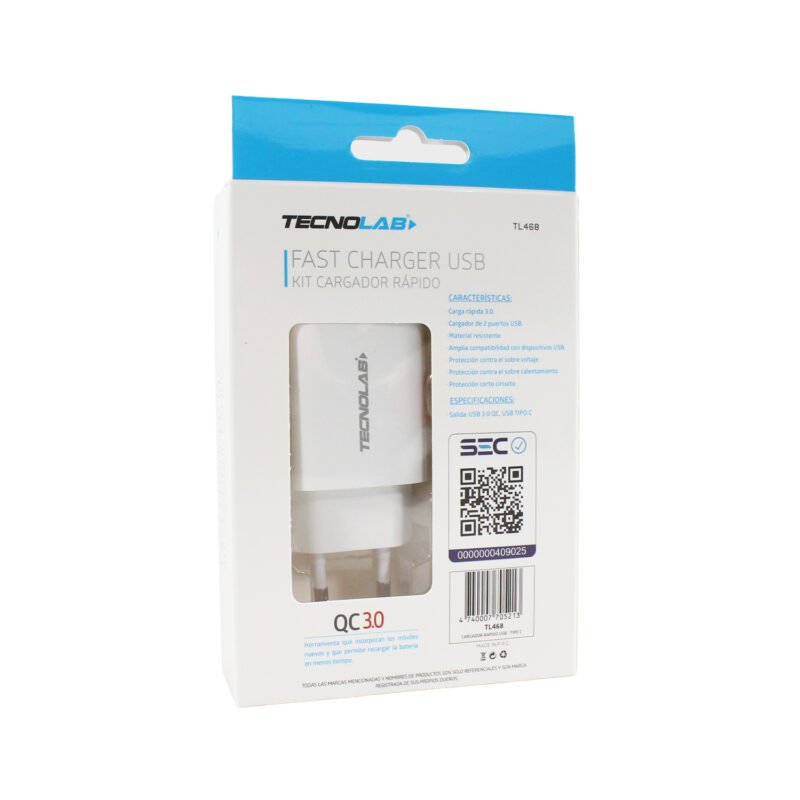 cargador tecnolab qc 3.0 + pd 20w con cable tipo c a c. certificacion sec. white — vista 4