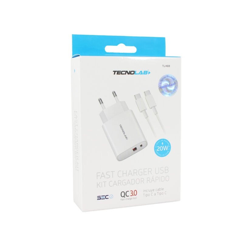 cargador tecnolab qc 3.0 + pd 20w con cable tipo c a c. certificacion sec. white — vista 6