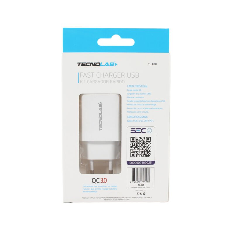 cargador tecnolab qc 3.0 + pd 20w con cable tipo c a c. certificacion sec. white — vista 7
