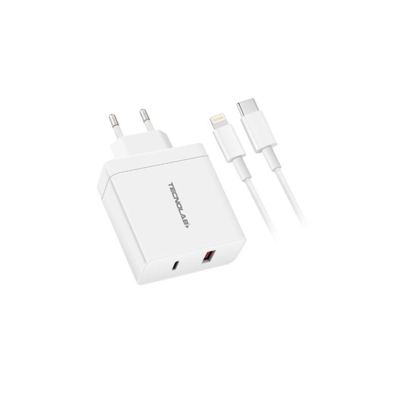cargador tecnolab qc 3.0 + pd 36w con cable tipo c a lightning . certificacion sec. white