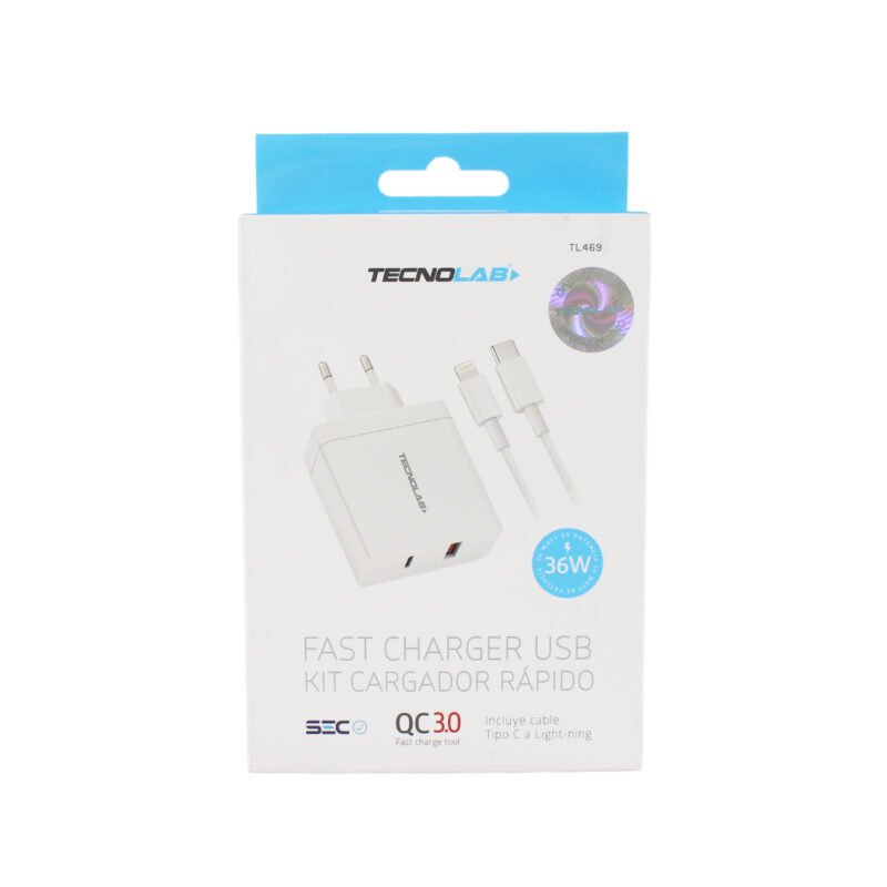 cargador tecnolab qc 3.0 + pd 36w con cable tipo c a lightning . certificacion sec. white — vista 5