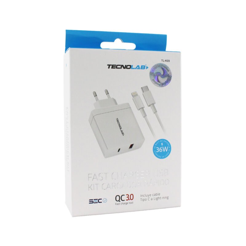 cargador tecnolab qc 3.0 + pd 36w con cable tipo c a lightning . certificacion sec. white — vista 3