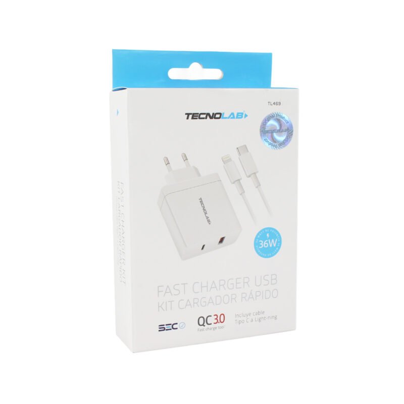 cargador tecnolab qc 3.0 + pd 36w con cable tipo c a lightning . certificacion sec. white — vista 6
