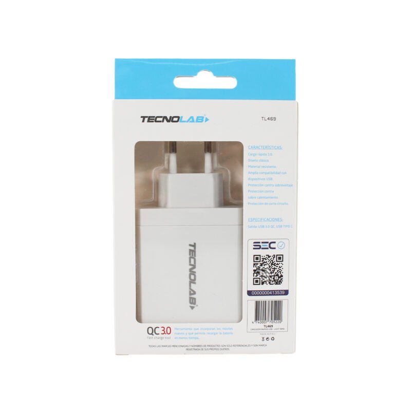 cargador tecnolab qc 3.0 + pd 36w con cable tipo c a lightning . certificacion sec. white — vista 8