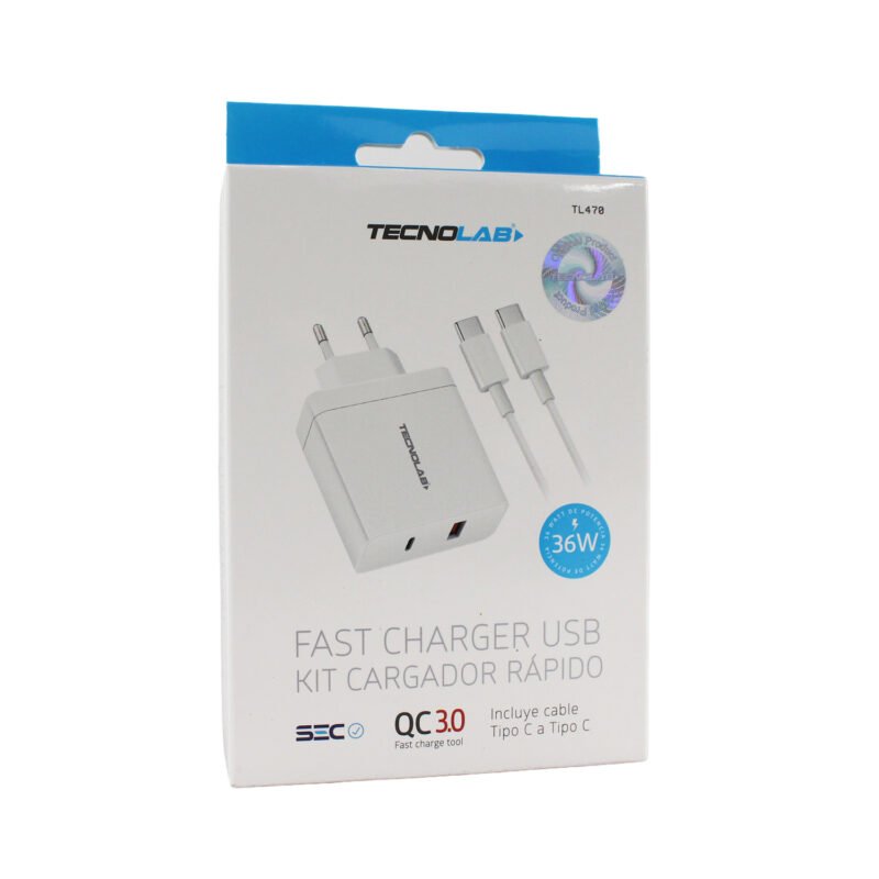 cargador tecnolab qc 3.0 salida usb 18w, pd salida tipo c 36w con cable tipo c a c. certificacion sec. — vista 3