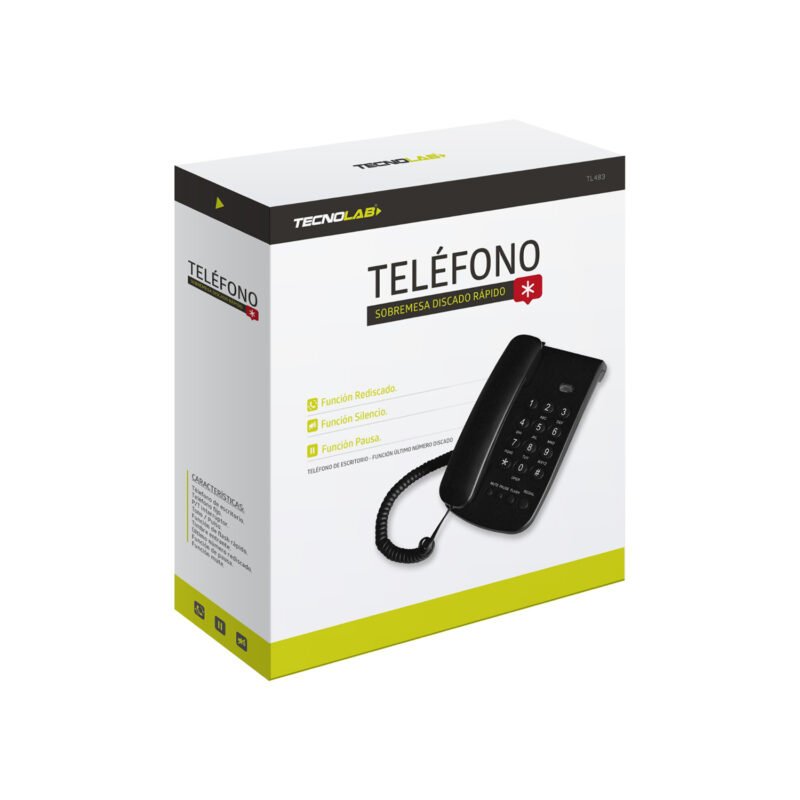 telefono tecnolab de sobremesa, interruptor p/t, tono/pulso, flash rapido, tiembre, rediscado, pausa, mute.white — vista 2