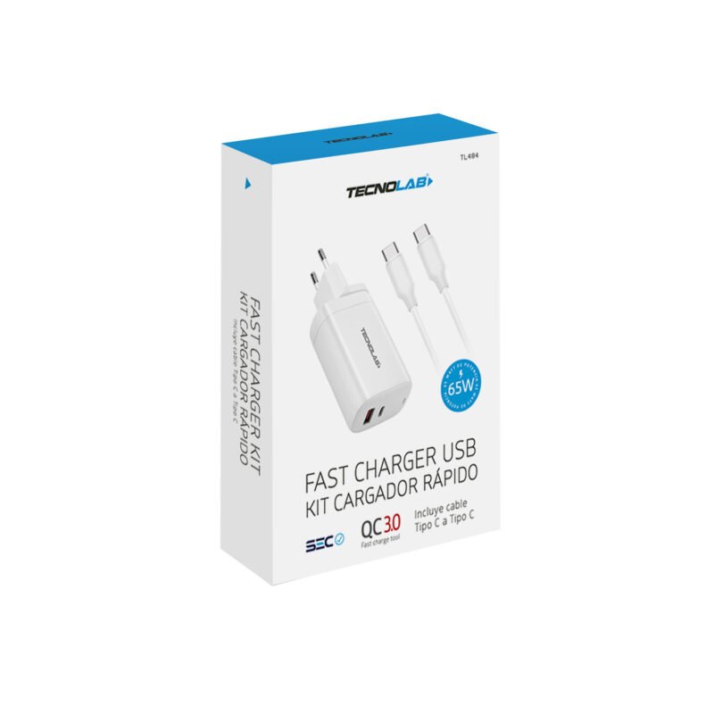 cargador tecnolab qc 3.0 + pd 65w con cable tipo c a c. certificaciÓn sec. white — vista 3