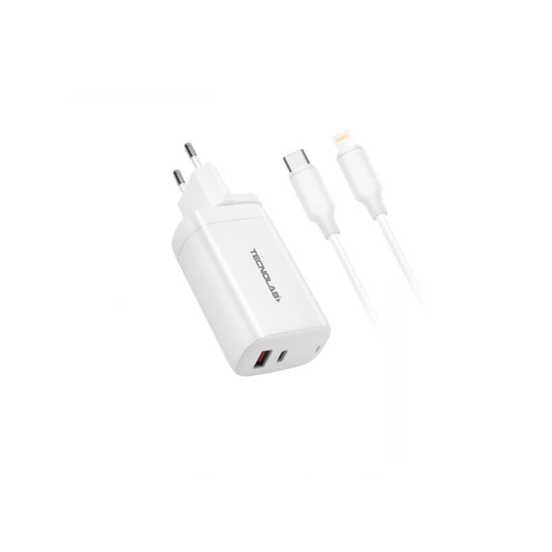 cargador tecnolab qc 3.0 + pd 65w con cable tipo c a lightning. certificaciÓn sec. white