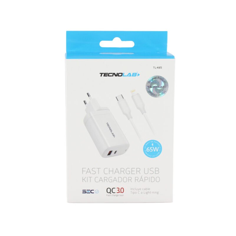 cargador tecnolab qc 3.0 + pd 65w con cable tipo c a lightning. certificaciÓn sec. white — vista 4