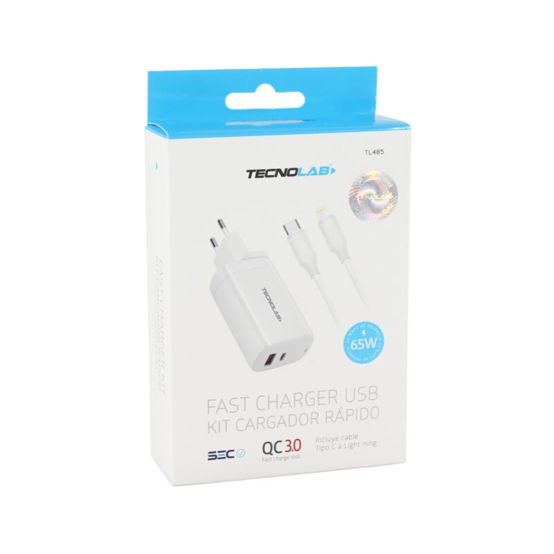 cargador tecnolab qc 3.0 + pd 65w con cable tipo c a lightning. certificaciÓn sec. white — vista 5